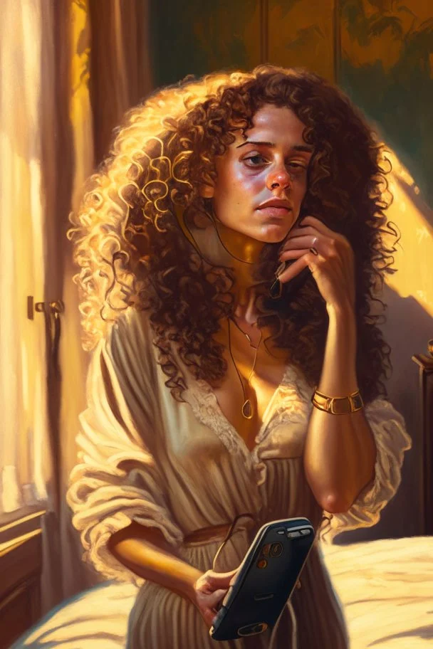 A beautiful woman with curly brown hair, a pensive expression, holding in one hand an old dial phone with the cord wrapped around her body, in a luxurious room in sunshine