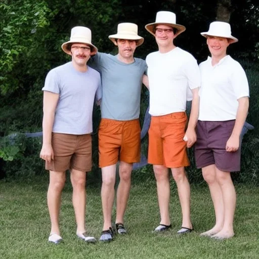 a group of four male friends with very small shorts on and large hats and holding trombones