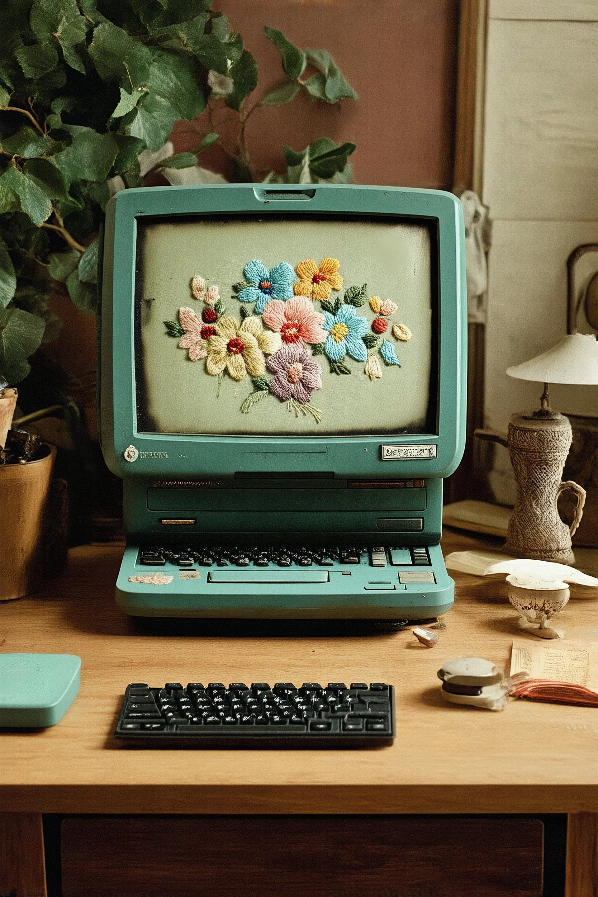 Ordinateur avec des fleurs brodees, , tintype