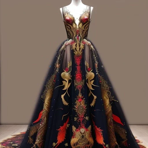 stunning extrem opulent haute couture gown designed by Marchesa inspired by fairies, realistic epic elegant fantasy color mix of black and gold and dark red,decorated with precious stones, detailed, high quality, intricate, fantasyland background,