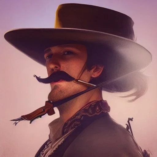 portrait,"Insanely detailed photograph of a male western mustachioed crossbowman", detailed charro and Sombrero, digital painting,eye patch, cigar, artstation, concept art, sharp focus, illustration, art by artgerm and greg rutkowski and alphonse mucha, 8 k,fantasy, unreal engine