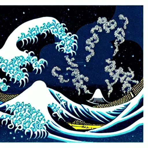 An astronaut floating in space surrounded by a halo of glowing jellyfish, done in the style of Hokusai's The Great Wave off Kanagawa