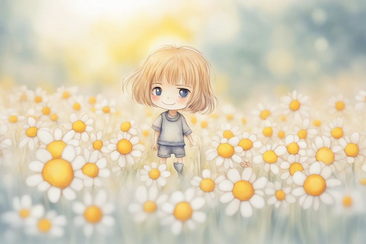 cute chibi anime smiling faced daisy flowers playing football in sunshine, styles of Paul Klee Dee Nickerson and Tim Burton, melting watercolor and black ink outlines on wet paper, soft, shading strokes, in sunshine, ethereal, cinematic postprocessing, bokeh, dof