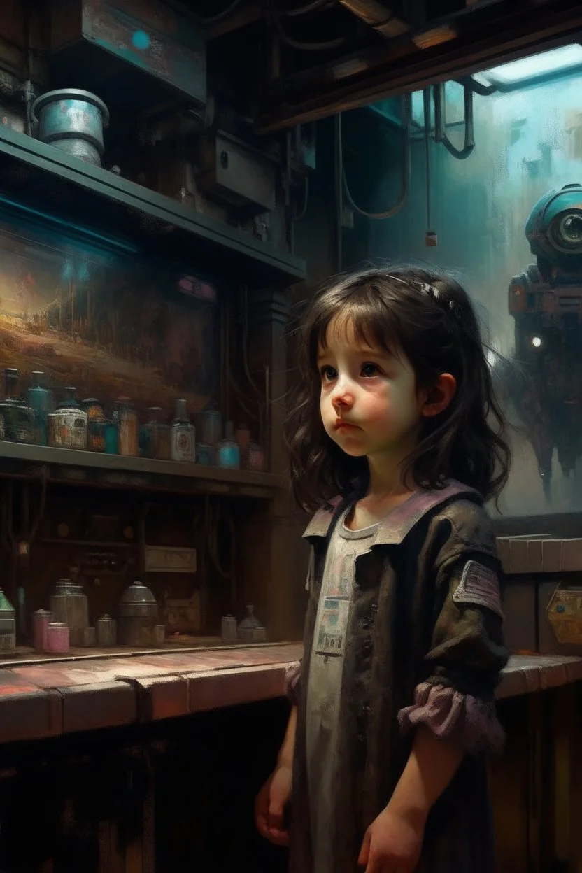 Little girl with dark hair in Cyberpunk wunderkammer painted by Rembrandt, unsane details, soft colors