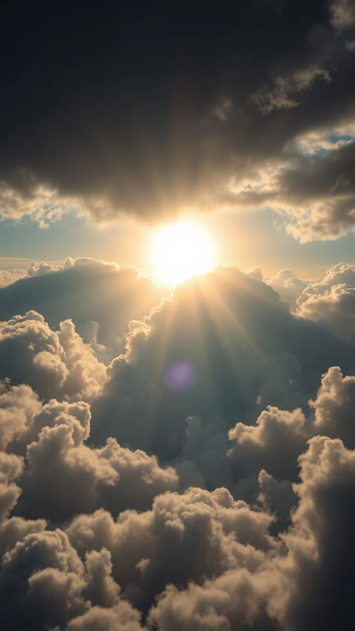 A huge beam of light above swirling clouds, emerges from the heart of a raging storm. Turbulent winds of steam swirl around the sun lit by shafts of sunlight that cast dramatic shadows on the A beautiful sun , High quality 16k cinematic scene and great photography