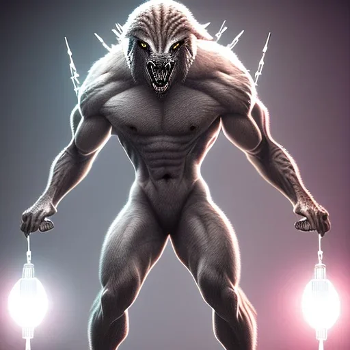 Alien,werewolf,athletic,muscular,spiky hair,holding two lighting bolts