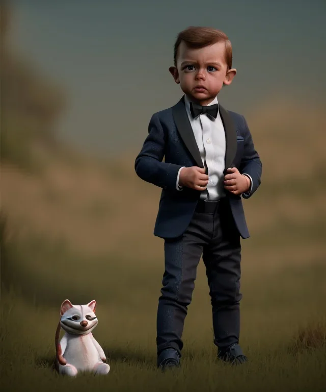 James bond toddler, full body, dramatic lighting, hyper realistic