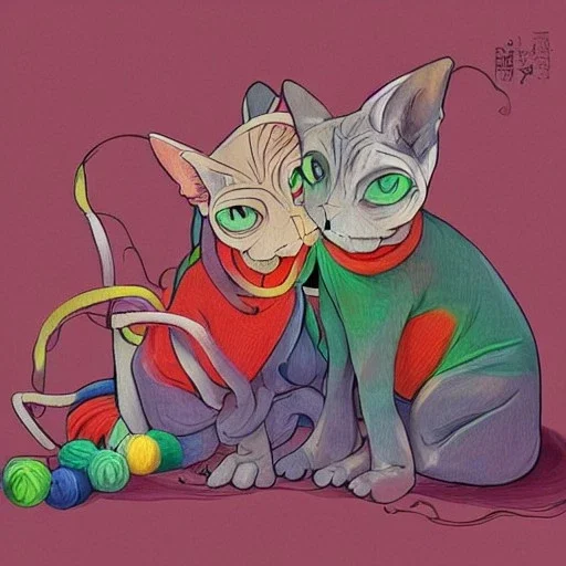 sphynx cats playing with coloured balls of yarn in the style of Studio Ghibli