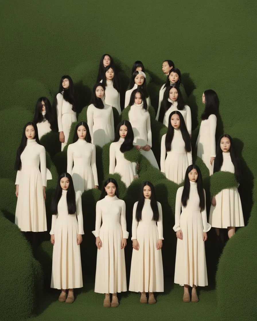 a group of women with mask standing on top of a lush green hillside, inspired by Ren Hang, design milk, long black hair, whites, wanderers traveling from afar, trending on artisation, cloning spell, coat pleats, in twin peaks, submarine, by Helen Thomas Dranga, symetry, round-cropped, noire photo