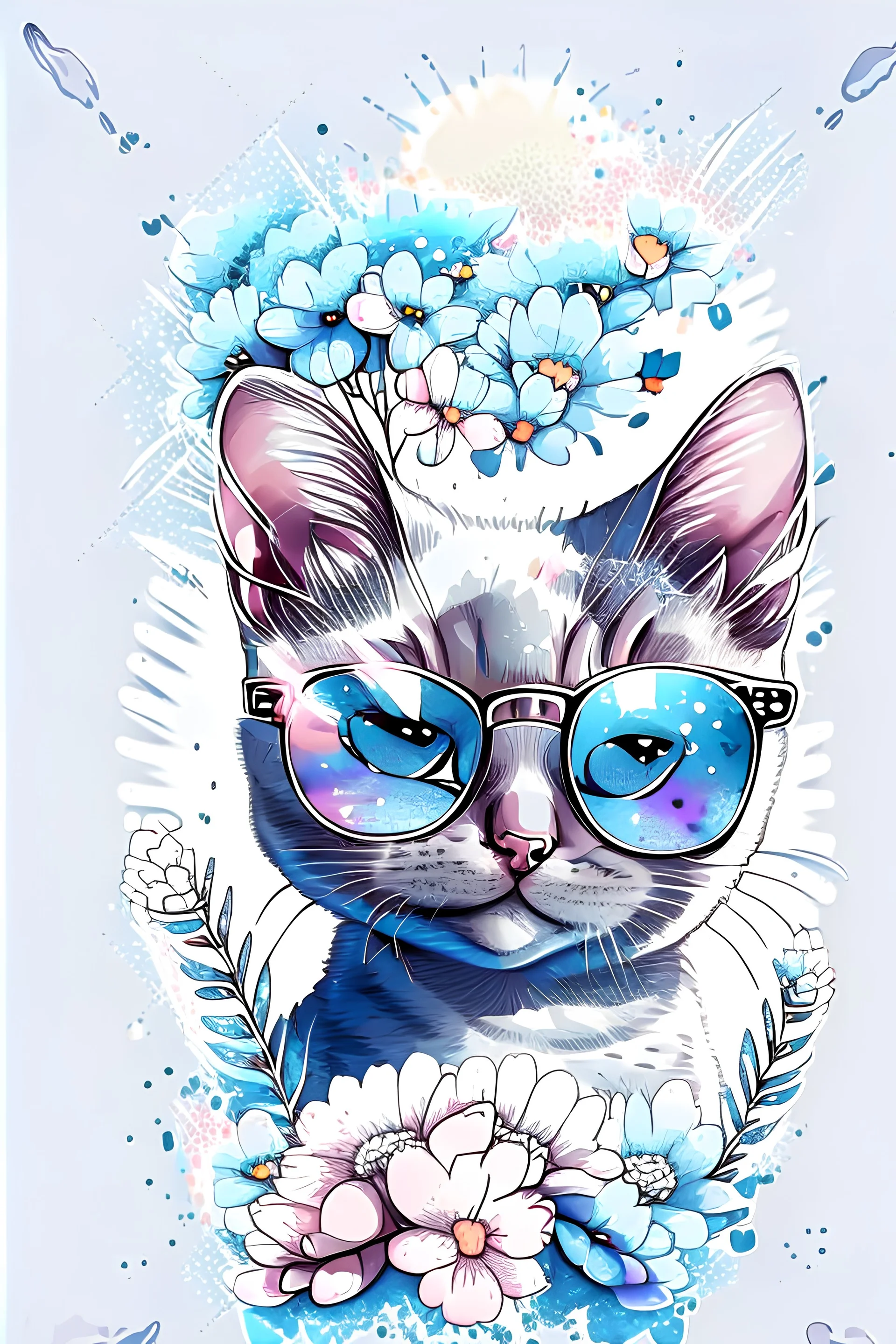 A detailed illustration of a happy russian blue kitten face, wearing trendy sunglasses, t-shirt design, flowers splash, t-shirt design, in the style of Studio Ghibli, pastel tetradic colors, 3D vector art, light background, cute and quirky, fantasy art, watercolor effect, bokeh, Adobe Illustrator, hand-drawn, digital painting, low-poly, soft lighting, bird's-eye view, isometric style, retro aesthetic, focused on the character, 6K resolution, photorealistic rendering, usi