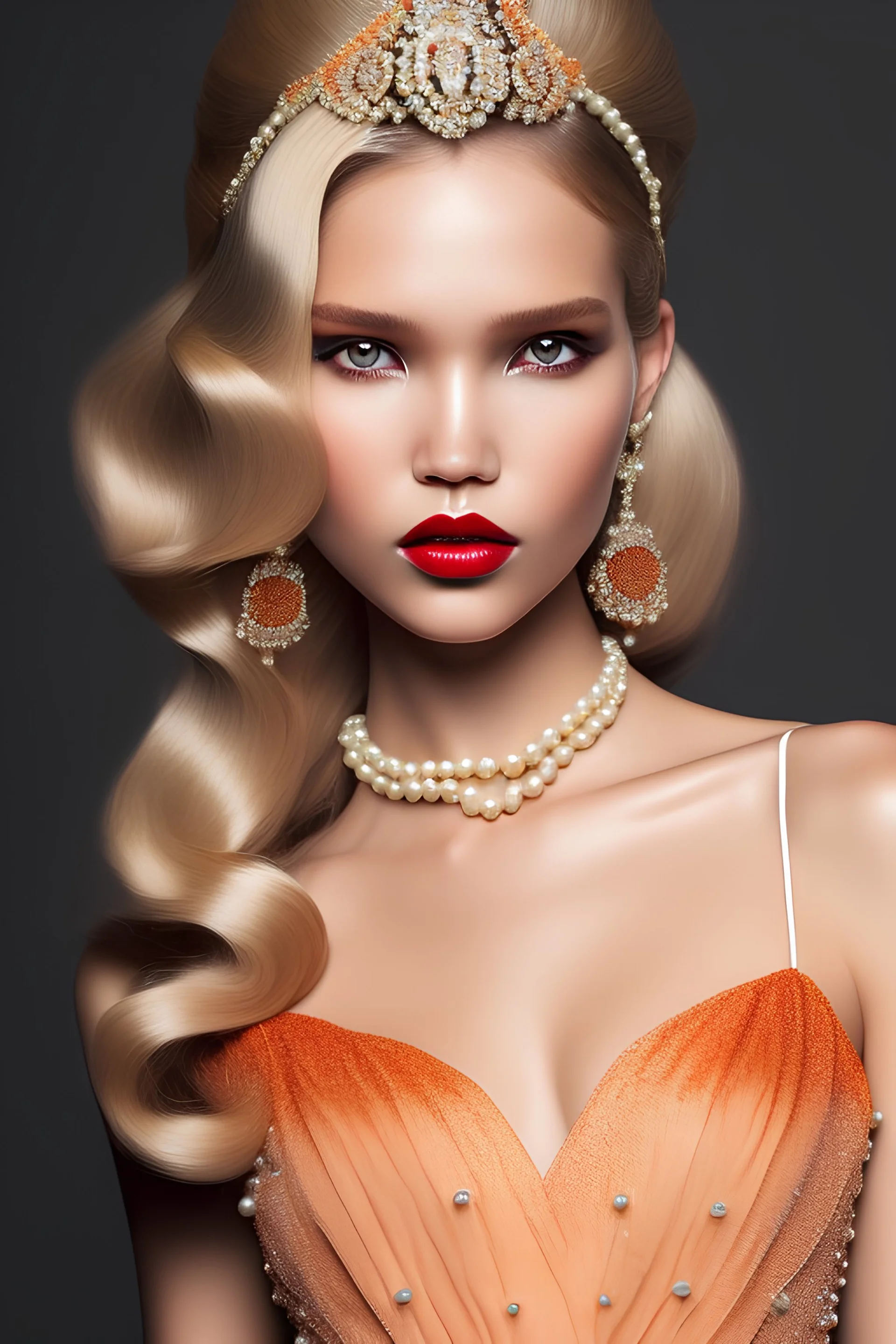 beautiful Sasha Luss with pearls and orange color silk dress with glossy lipstik on her lips,wearing pearls mask, long curly blonde hair, Photorealistic dramatic hyperrealistic criyng clown paint ,Crystal black eyes,Photorealistic dramatic by WLOP, Artgerm, Greg Rutkowski, Beautiful dynamic,shadows,Artstation,concept design art, Octane render,8K