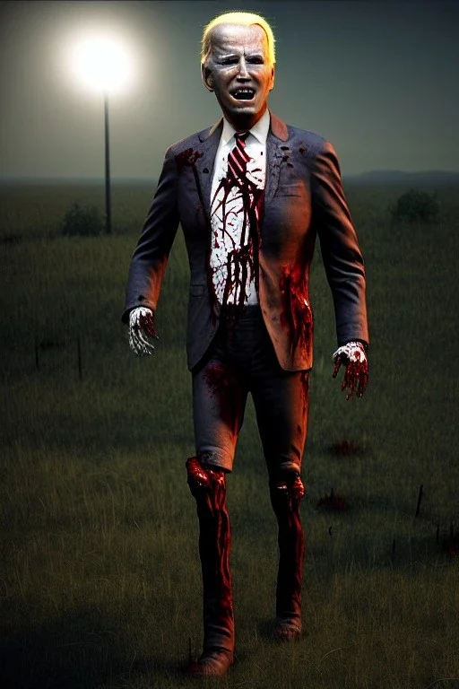 realistic image, joe biden zombie, zombie posing, arm cut and bleeding, amputated leg, night, walking with a limp, waist up view, dark ambient, highly detailed, sky background, concept art, unreal engine 5, god rays, ray tracing, RTX, lumen lighting, ultra detail, volumetric lighting, 3d, finely drawn, high definition, high resolution.