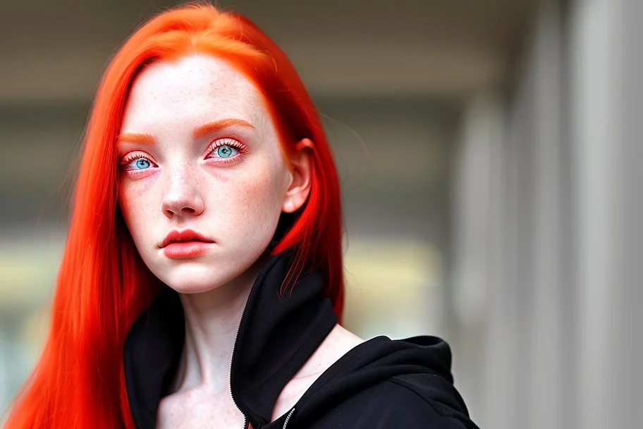 A woman with shoulder length, bright red hair, brown eyes, wearing a black hoodie.