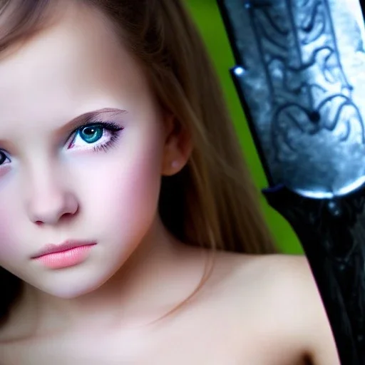 Young girl hazel eyes in angelic dress with sword