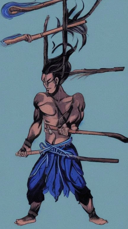 A male water genasi with deep blue skin color, water shape dred hair on head. Shaolin monk with long stick weapon, kung fu master, martial art