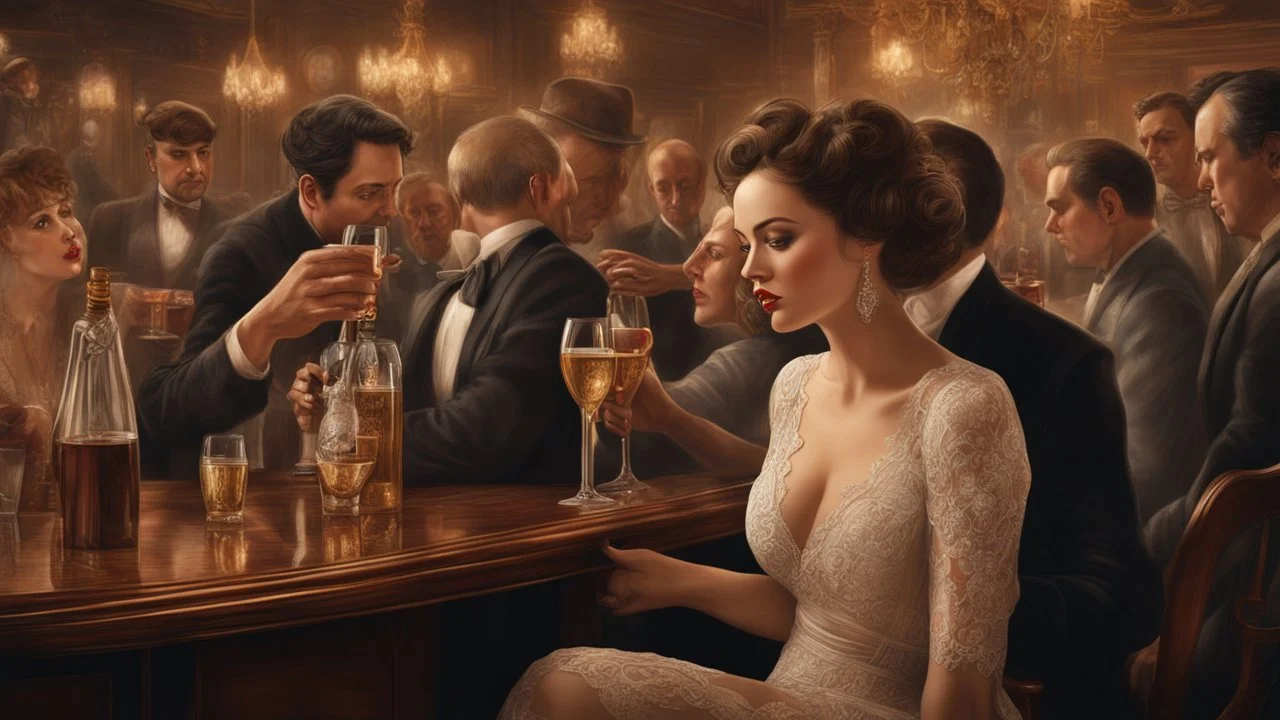 corrupt Woman 30 years old in a bar in Paris, drunk, whiskey, champagne, drinking, lace, 1917, men, audience, full-length drawing, 3d, 64k, high resolution, high detail, fine rendering, computer graphics, hyperrealism, f/ 16, 1/300 s. digital painting,