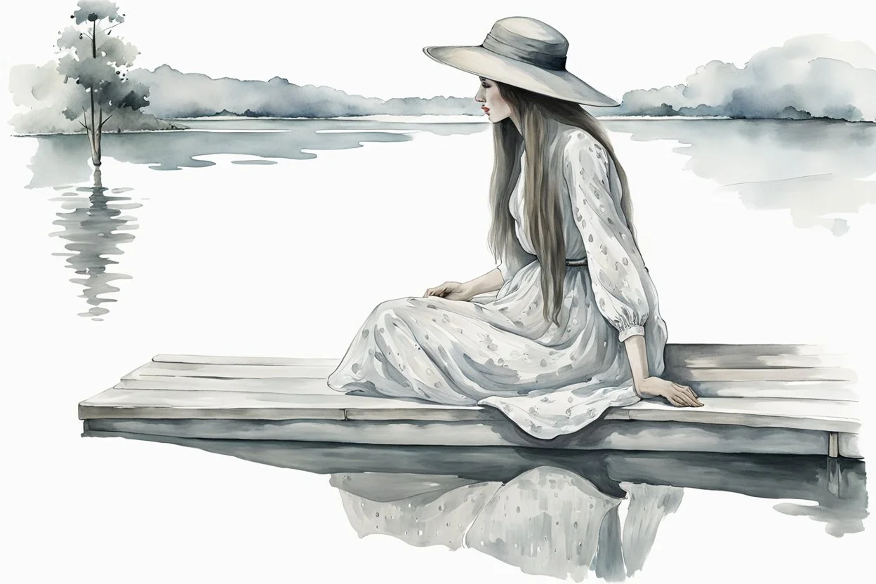 A long hair nice woman in a long vintage dress and hat sitting on the edge of a lake dock looking into the water, her reflection in the water, pale colors, black and white colors, peaceful mood, minimalist background, watercolor, style by Waterhouse, Cezanne, Jian Wu, Claude Monet, Christine Misencik-Bunn