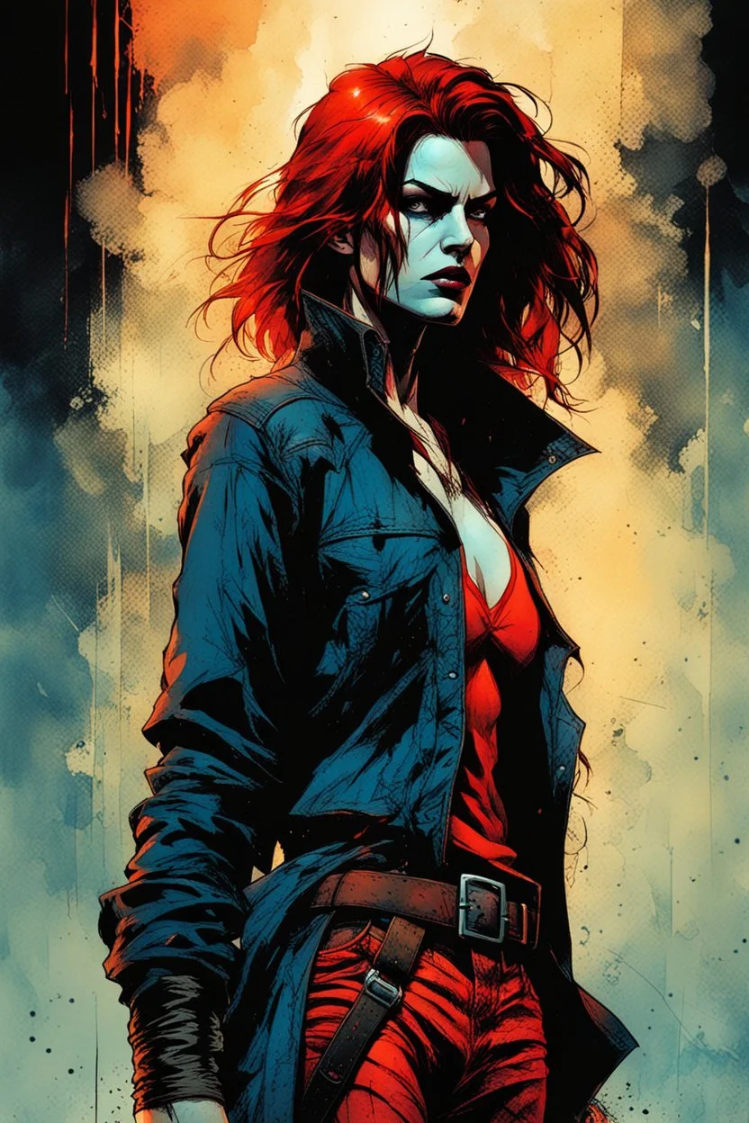 create a dangerously sinister full body portrait illustration of an auburn haired, ragged Brujah female vampire , with highly detailed and deeply cut facial features, in the comic art style of FRANK MILLER and BILL SIENKIEWICZ, searing lines and forceful strokes, precisely drawn, boldly inked, with gritty textures, vibrant colors, dramatic otherworldly lighting