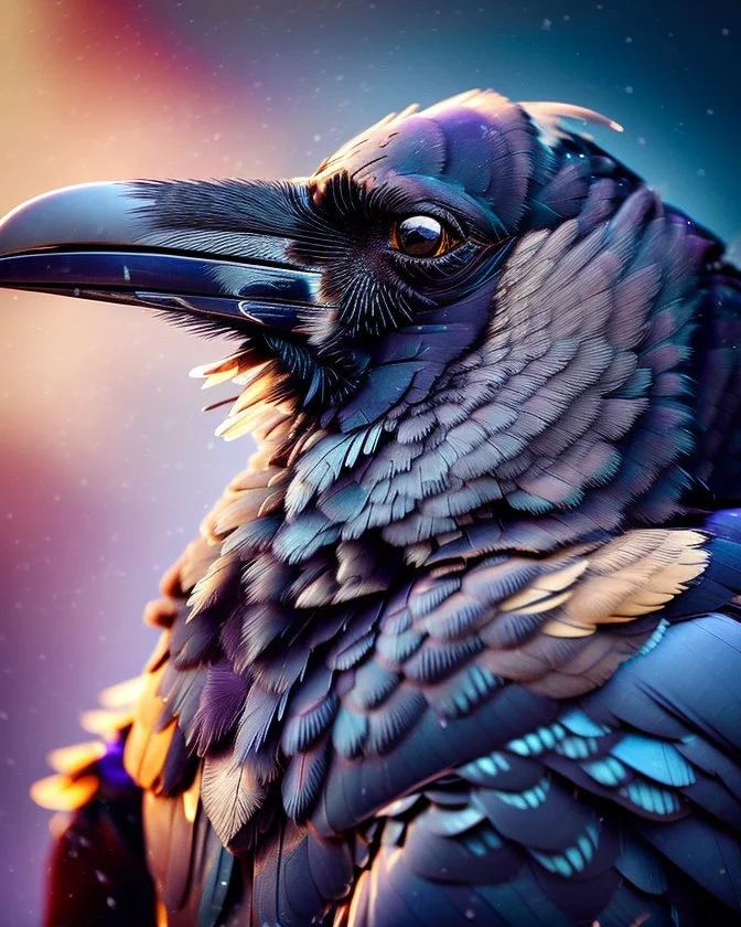a mesmerizing and vibrant cinematic photograph of a raven in an extreme close-up, positioned in a-profile, showcasing its mysterious demeanor, with some scars on its plumage, slightly ruffled grey feathers underneath, and one of its feathers adorned with an elegant golden detail, as if kissed by sunlight, set against a soft, gradient background that shifts from deep blues to purples, evoking an enchanting atmosphere, with a subtle, cinematic film grain texture, imbuing the image with a sense of