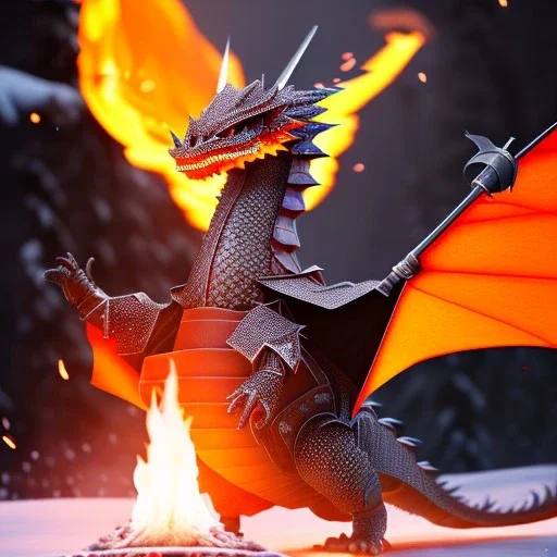 smooth hyper realistic, beautiful Japanese android knight battle with burning lava dragon, pale colors, dark cosmos background, extremely sharp detail, finely tuned detail, ultra high definition, 8 k, unreal engine 5, ultra sharp focus, accurate sword wings, positive smile, lot of details, fit within portrait, Ambiance winter, perfect composition, perfect hair, perfect hands, finger up gestures