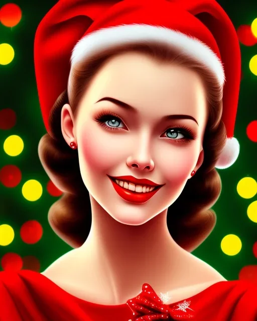 girl in red dress, close up portrait, Christmas, smiling, cute, beautiful, 1940s