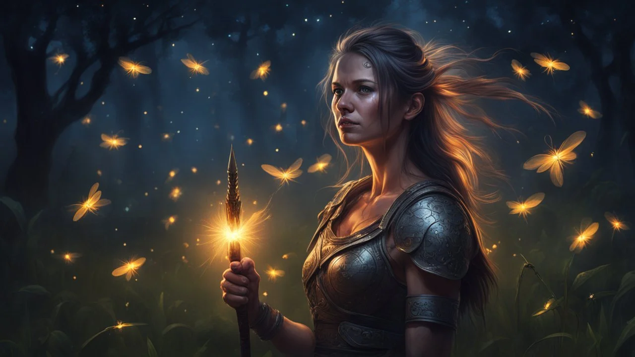 Woman Warrior 45 years old, night, fireflies