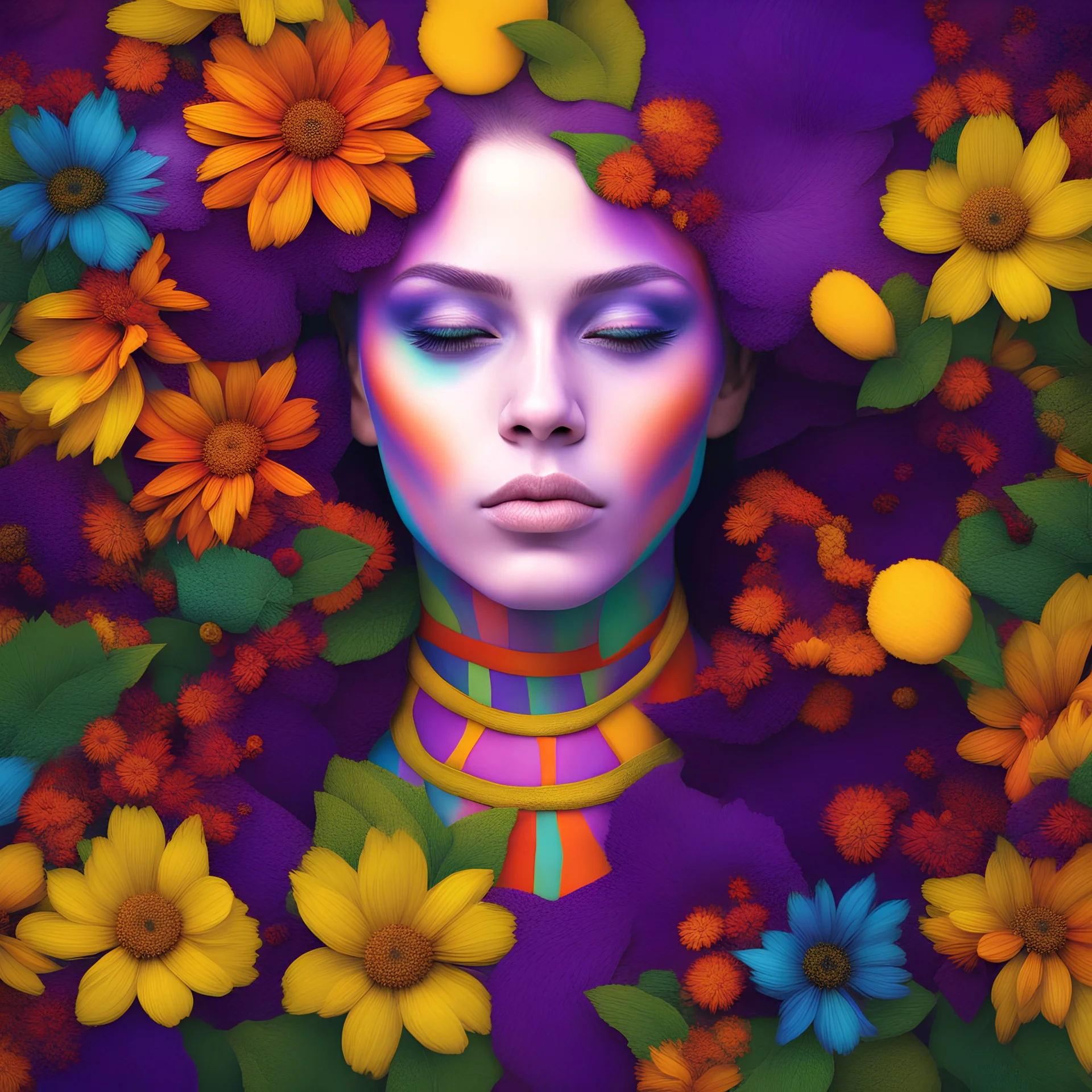 A woman with a vibrant and colorful face is seen in the image. She has several flowers of different colors adorning her face, including purple, green, and yellow. Her eyes are closed as if she is lost in thought or deep concentration. The flowers appear to be arranged around her eyes and forehead in an artistic pattern that draws attention to her features. Her hair is pulled back away from her face, allowing for the full effect of the flower arrangement to be seen. She wears a green shirt which