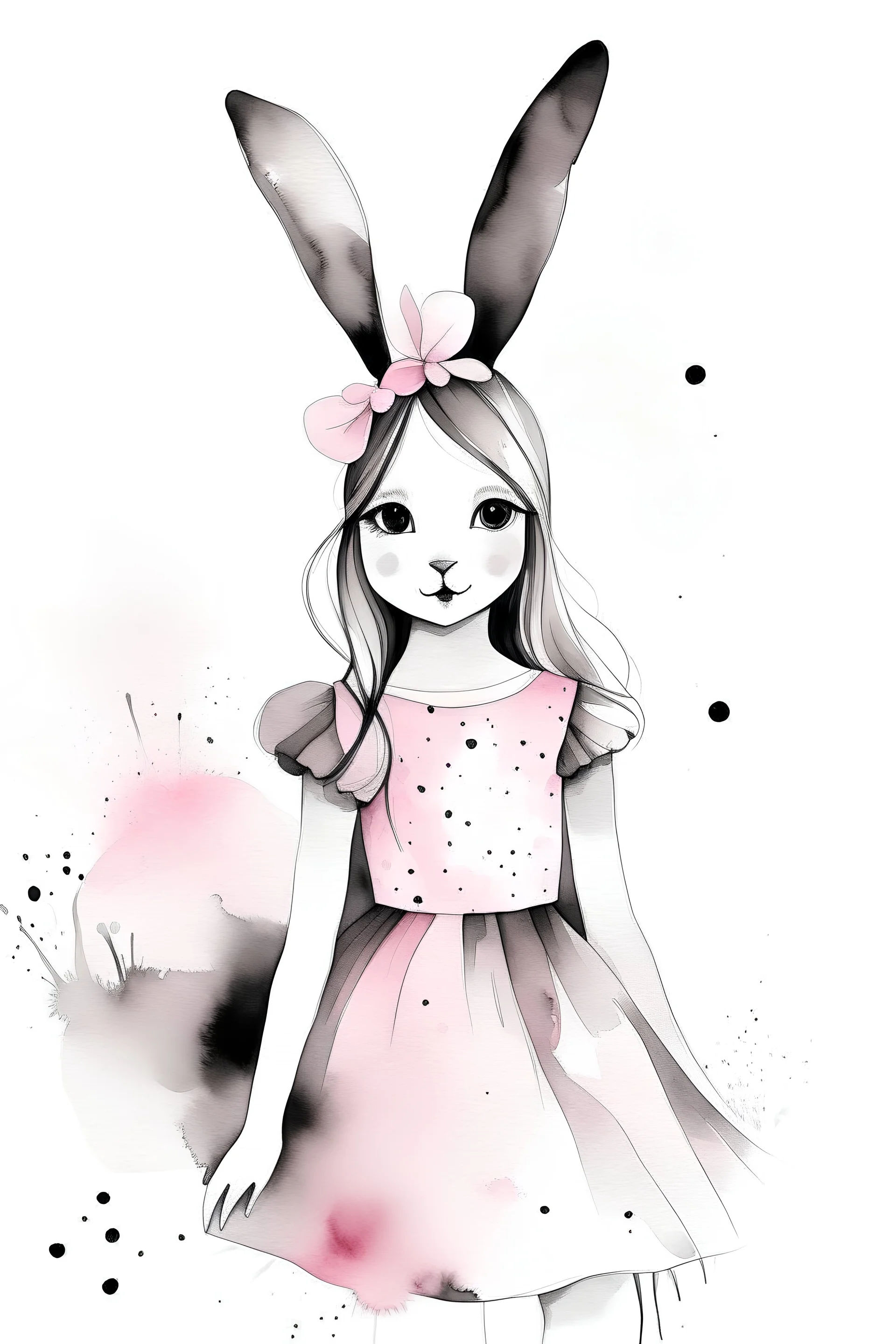 Watercolor black and white with pink dress bunny ears girl