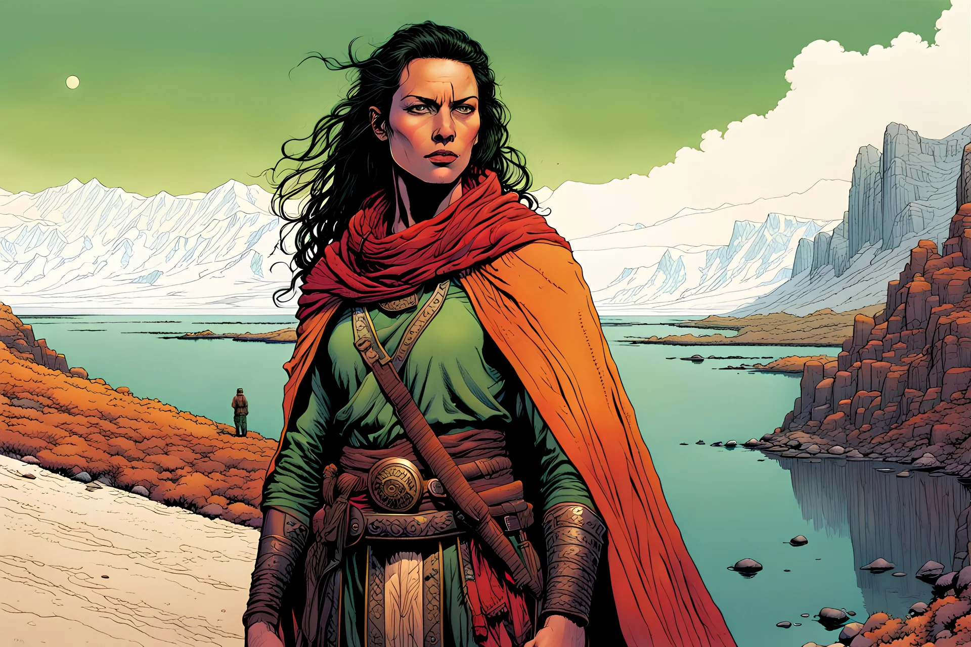 create a full body portrait of a fair skinned female nomadic tribal mercenary with highly detailed, delicate feminine facial features, inhabiting an ethereal Northern fjord land in the comic book style of Jean Giraud Moebius, David Hoskins, and Enki Bilal, precisely drawn, boldly inked, with vibrant colors