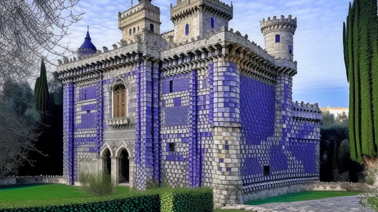 A violet castle designed in ancient Roman mosaics painted by Leonardo da Vinci