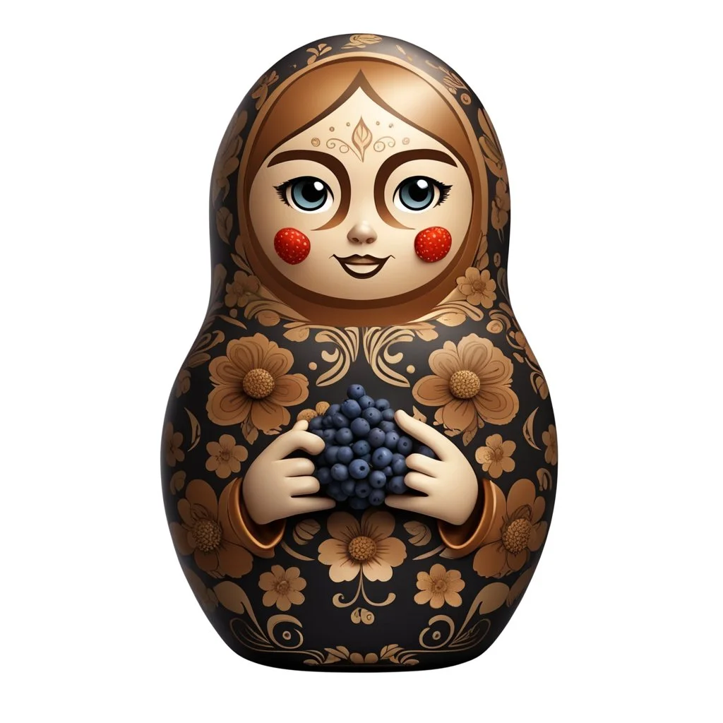 draw matryoshka dolls, the matryoshka is smiling, the kind sweet face of the matryoshka doll, behind the matryoshka Russian patterns in the style of Khokhloma, Khokhloma with gold and black flowers, in the hands of matryoshka blueberries