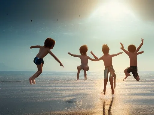 children jumping in water on a beach capture them against the sun and make an art silhouette, hyper details, real sharp, 8k, well detailed, cinematic 8k