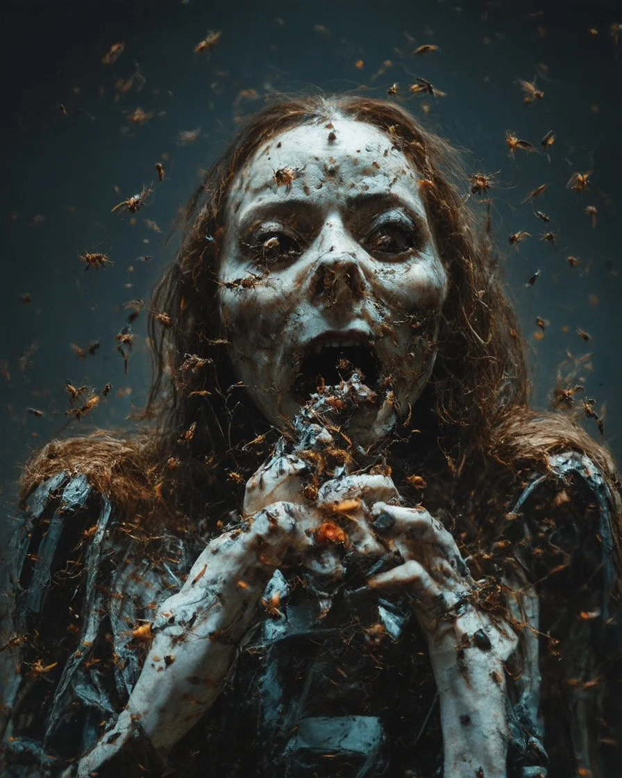 horror, swarming mechanical robotic insects, bugs, cockroaches, flies, spiders, ticks, parasites screaming person, pain, decay