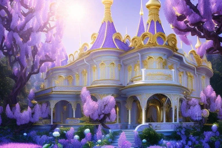 a magical crystal flower magnolias wisteria blue gold house russian palace castle in the woods, magnolias pink,blue lake,sun,white swanns,pink vertical, blue lake,sharp, vines, candlelit, endor, ornate, elegant, highly detailed, artstation, concept art, smooth, sharp focus, illustration, 8k, splash art, wallpaper, key visual