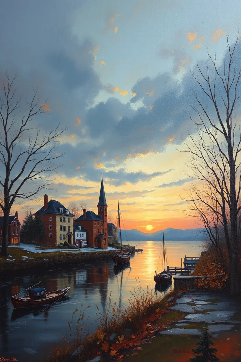 Beautiful masterful painting of a November dusk at the edge of the waterside town