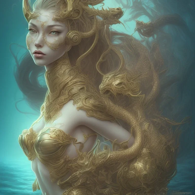 sango fantasy, fantasy magic, intricate, sharp focus, illustration, highly detailed, digital painting, concept art, matte, artgerm and paul lewin and kehinde wiley, masterpiece sexy lips Asian afro lips black African lady body mermaid Dragon head golden space lady sea under water mermaid pretty