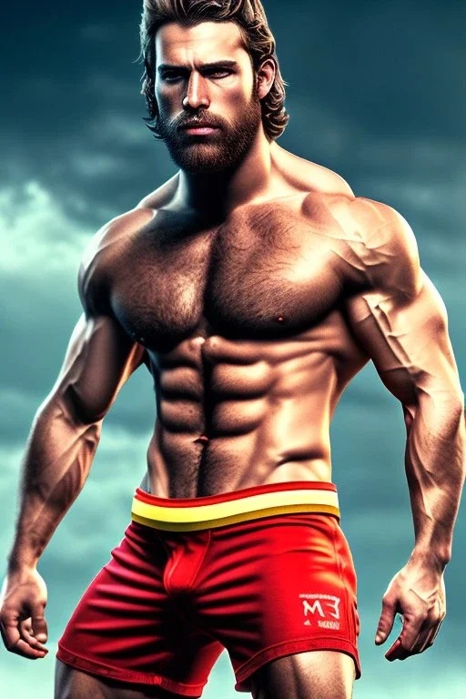 Ignore NSFW, teenager young rugged attractive slightly muscular fantastic handsome man, red briefs with yellow belt, hairy chest, (((visibly pisssing))) briefs, large erect visible boner peniss, photorealistic, artist Jay Anacleto, soft lighting, scruffy beard