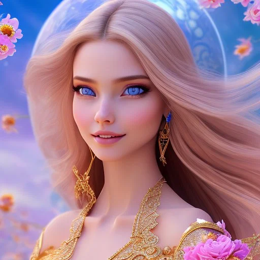 Beautyful smiling young woman, long hair amazing blue eyes, flowers, happy cosmic, bright colors, blue, pink, gold, jewels, realistic, photo real, clear sunny background, highly detailed, high contrast, 8k high definition, unreal engine 5, extremely sharp detail, light effect, sunny light background