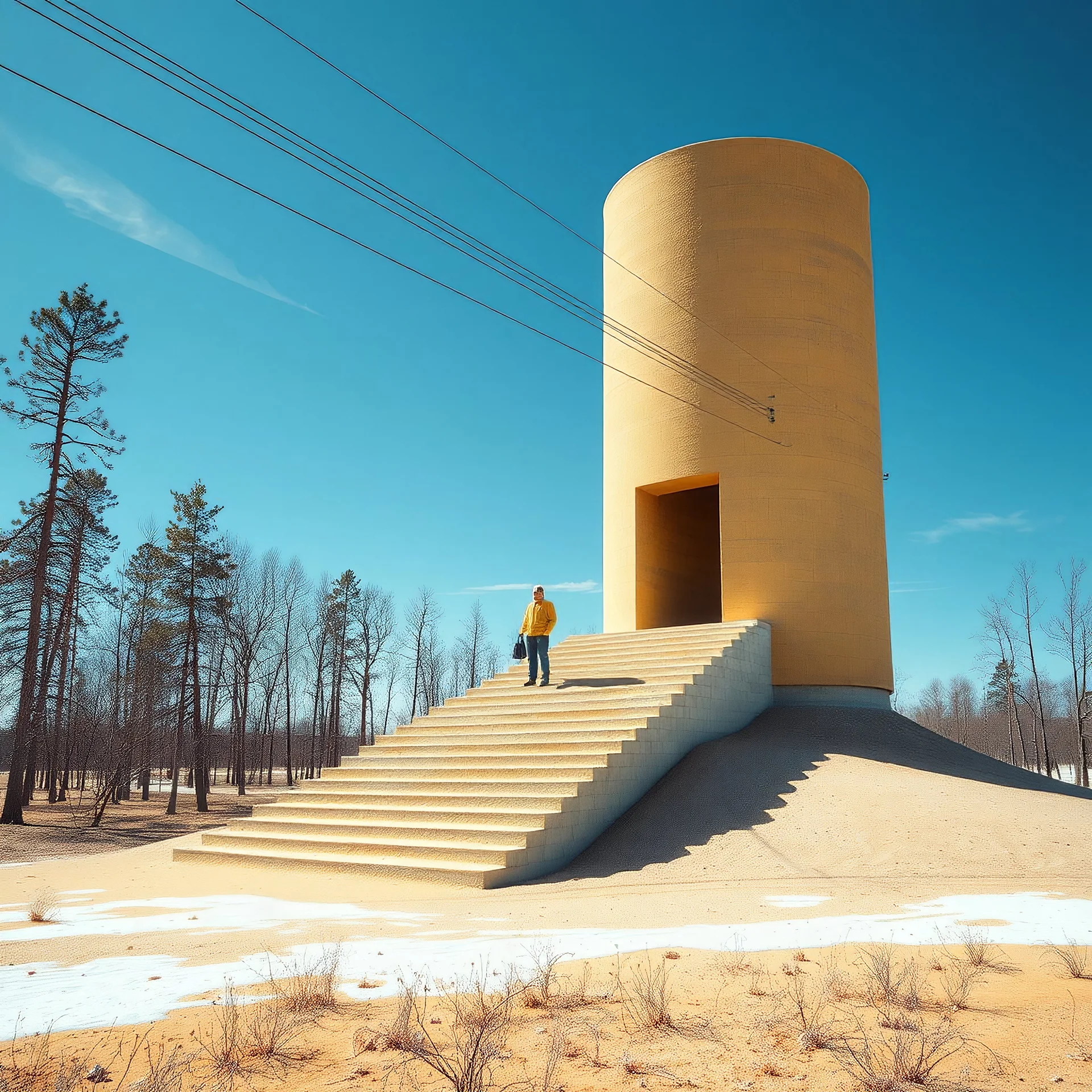 Photograph, wasteland, taiga trees, wires, bright, brutalist steps, huge cylinder, yellow man, daylight, all'aria aperta, icy pond, sky, polvere, open air museum style, blue, apparecchi elettronici, powder, punto giallo, minimalist, details of the dust very accentuated, deep 3d field