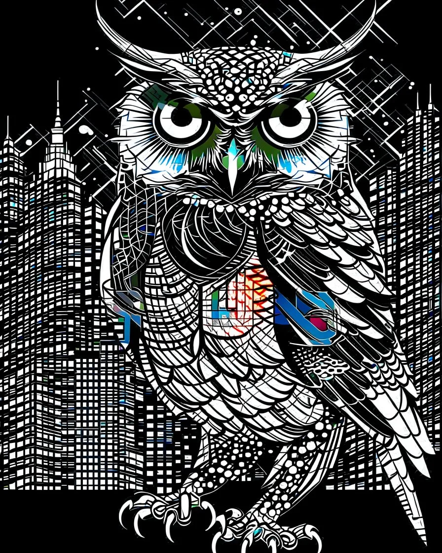 Owlman linear image, black and white color fondo ciudad