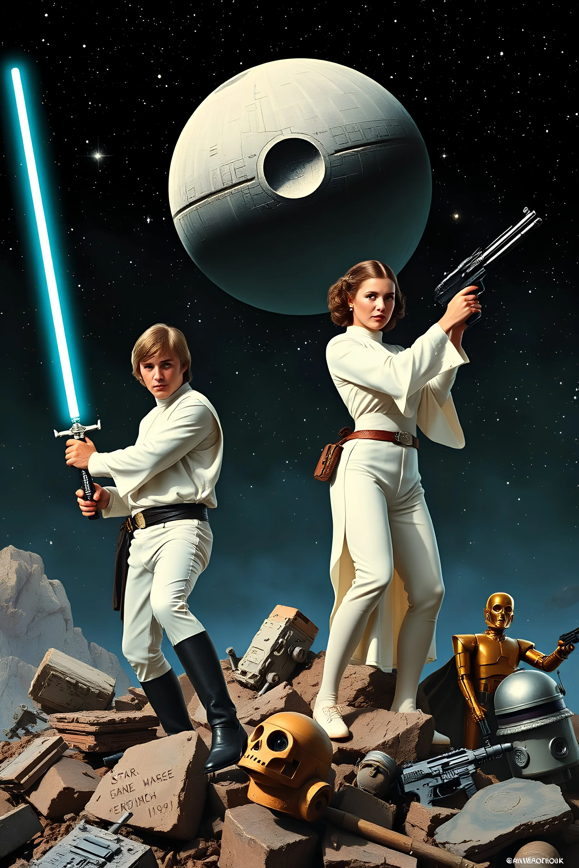 stars nebula and the Death Star large at top, in front in poses from the original star wars posters is Luke Skywalker with lightsaber and Princess Leia Organa with upward pointing raygun both in white clothing atop crumbling stone and broken parts of c-3po astromech and other droids