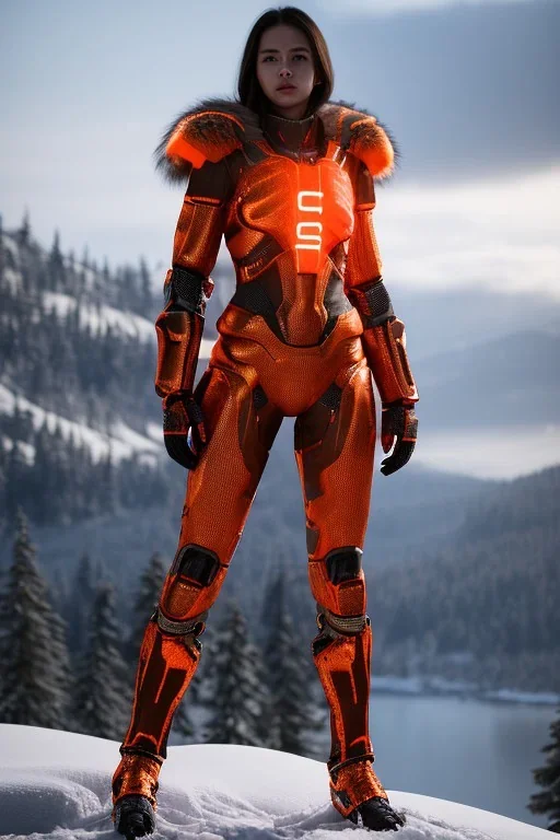 full body portrait of a beautiful girl, wearing glowing orange armor, futuristic armor, relaxed standing posture, nice smile, snowy mountain background, snow, fur cloak, full body, beautiful lighting, warm light, 4k, unreal engine 5