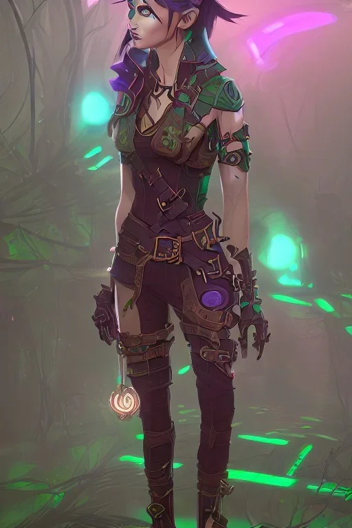 steampunk elf in a neon dystopian forest