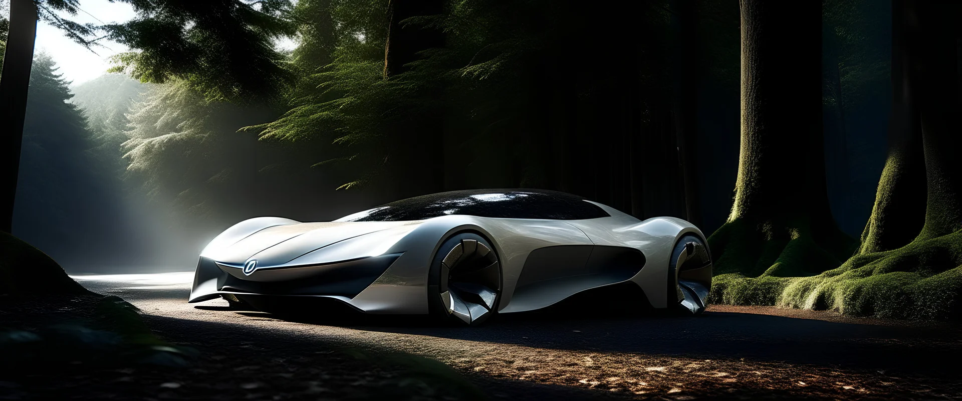imagine a supercar that has evolved naturally from the earth over millions of years, its shaped from crystalline structures and mineral deposits, yet boasts a sleek aerodynamic design. the dackdrop: a primordial forest with towering ancient trees and a misty aura