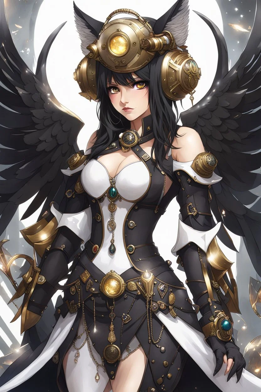 Fullbody of Steampunk armor, burka,beautiful angel wings, angry,malicious, goddess, warrior girl, crystal, broken glass, jewelry, ornements, half opened mouth, starcraft, magical orbe, cat eyes,white face,scifi, technology, photography