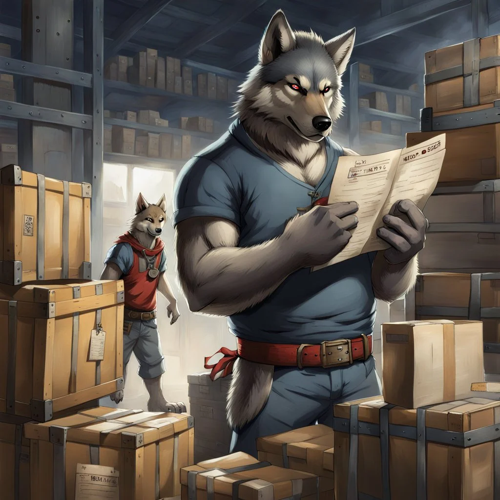 a chubby anthropomorphic wolf-man wearing t-shirt pants and red belt around his waist looking at several item lists in his paws in a large warehouse, around some boxes and wooden crate, an another anthropomorphic wolf-man just half visible in the doorway as he looks at him, detailed, realistic, sci-fi, anthro mood, fantasy