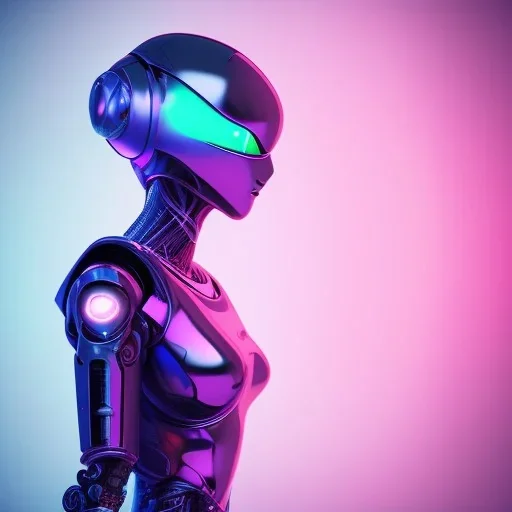 Cute hijab woman in a robotic suit,purple and pink backlight, profile