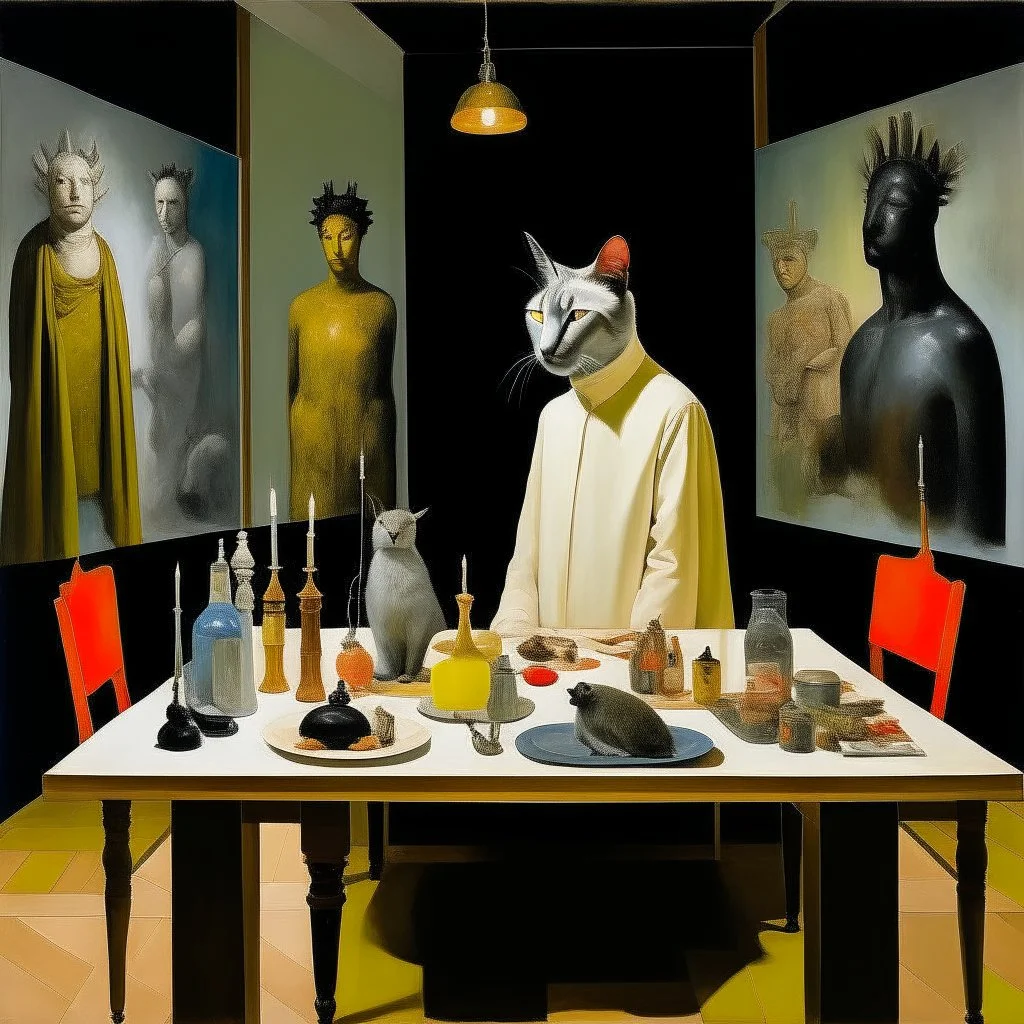 UN conference.a cat and human flesh-like surgical instruments and universe-like a pigeon and neuralink, surrealism,minimalism,Painting By Adrian Ghenie, Rene Magritte, Salvador Dali, Lucian Freud