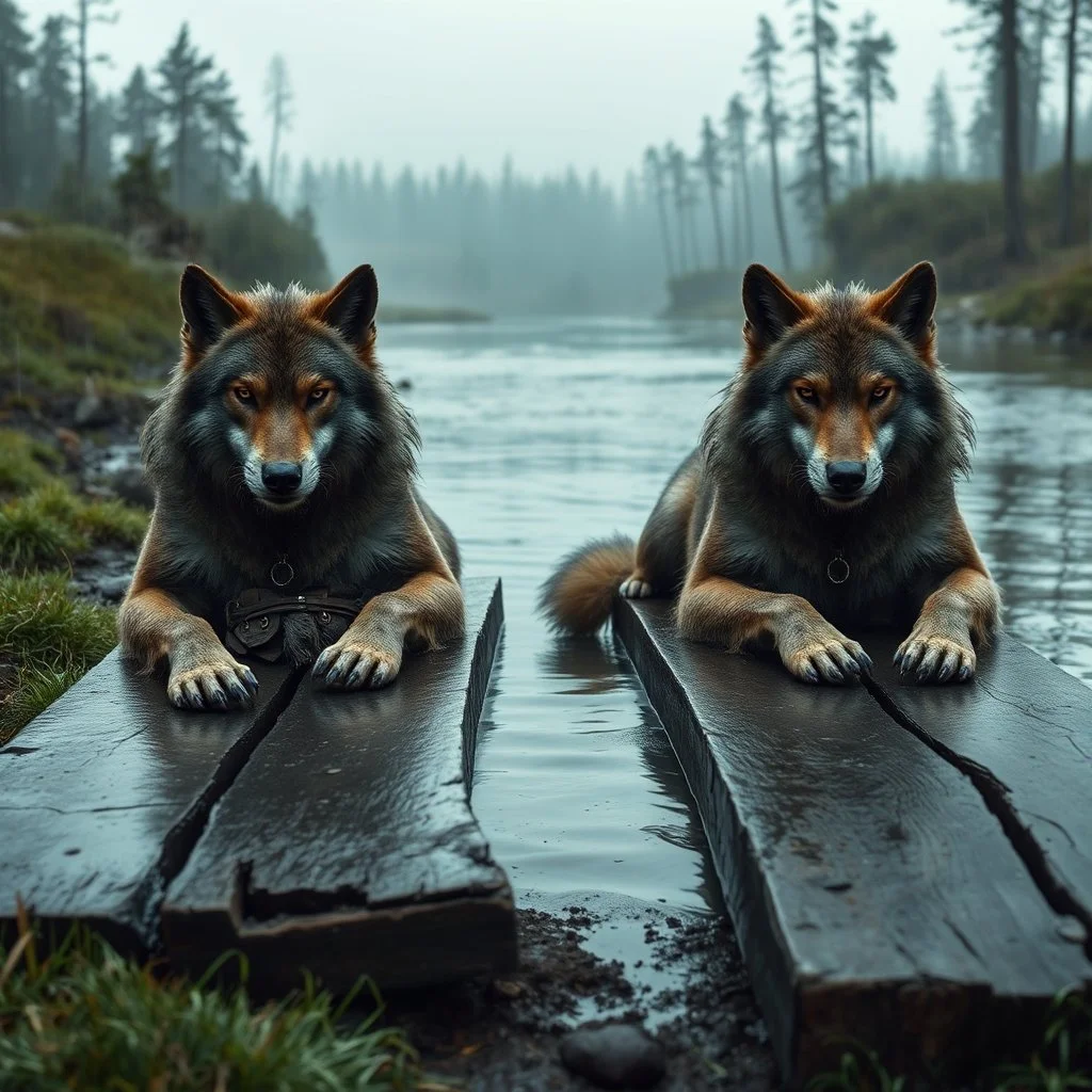 facing to the camera two anthropomorphic human-wolf hybrids in body hair lie exhausted and wet on their stomachs belt on their waist on two wooden boards next to a deep river, on the opposite bank in the distance, hour-long, thick-trunk trees are faintly visible, grass, mud, rain, high realistic, detailed, cinematic, sci-fi, digital art, dark fantasy mood