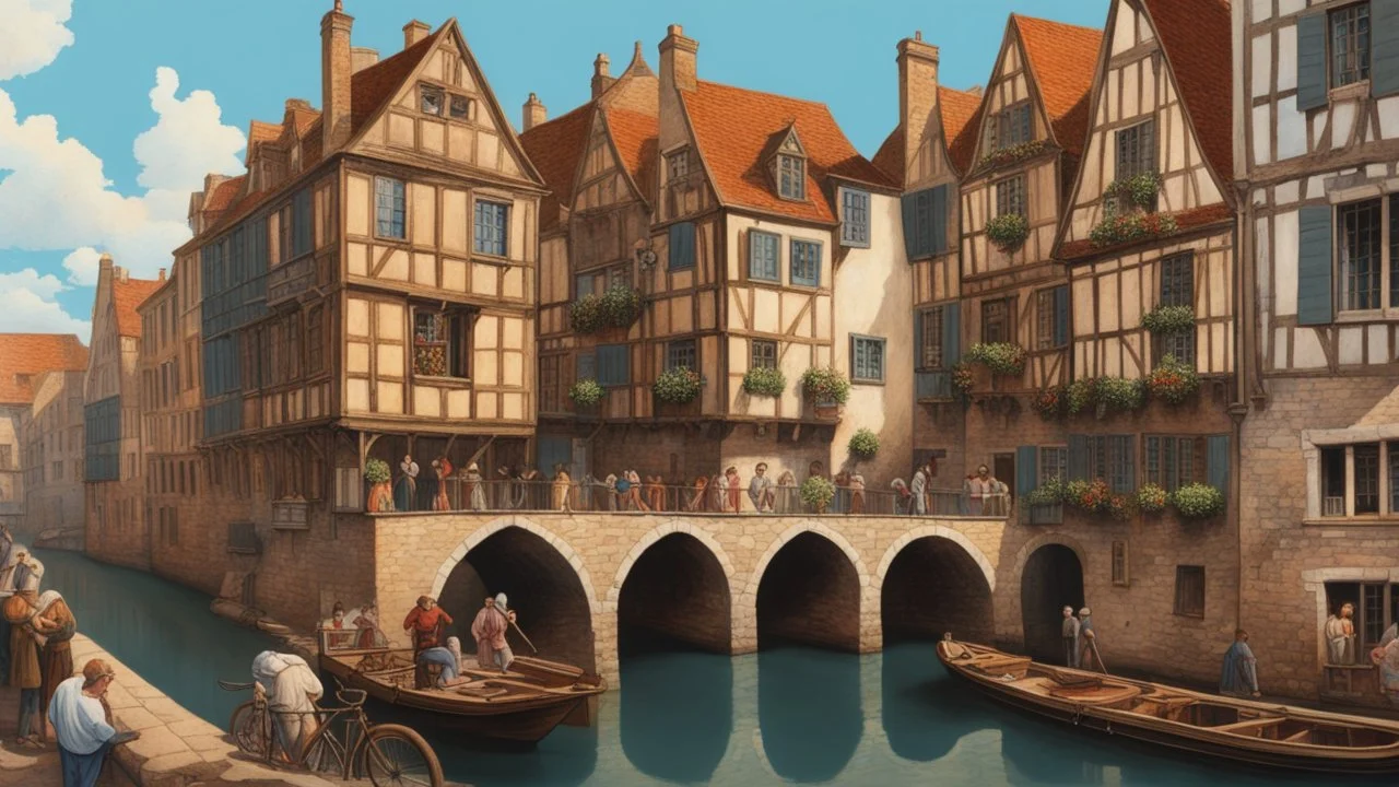 medieval buildings with balconies overhanging a canal, blue sky and people, photorealism, trees, piers, fantastical, intricate detail, people, ultra-sharp image